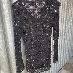 Y2K Black Flower Crochet Long Sleeve Knit Top Size Small Medium